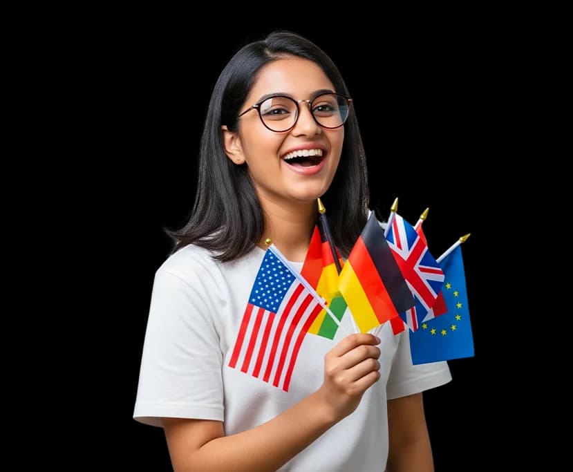 Student with international flags — choose your destination